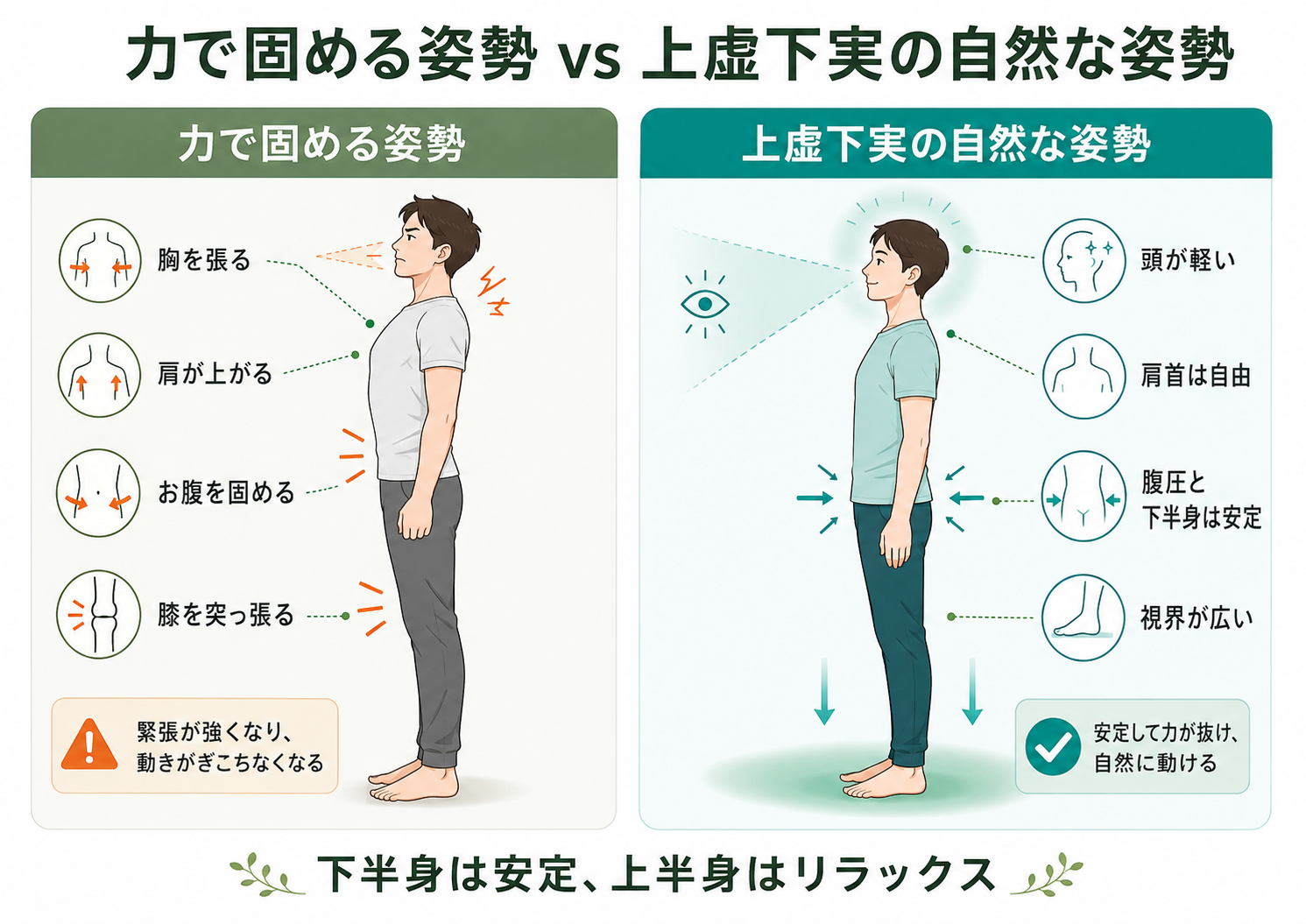 力で固める姿勢と上虚下実の自然な姿勢の違い