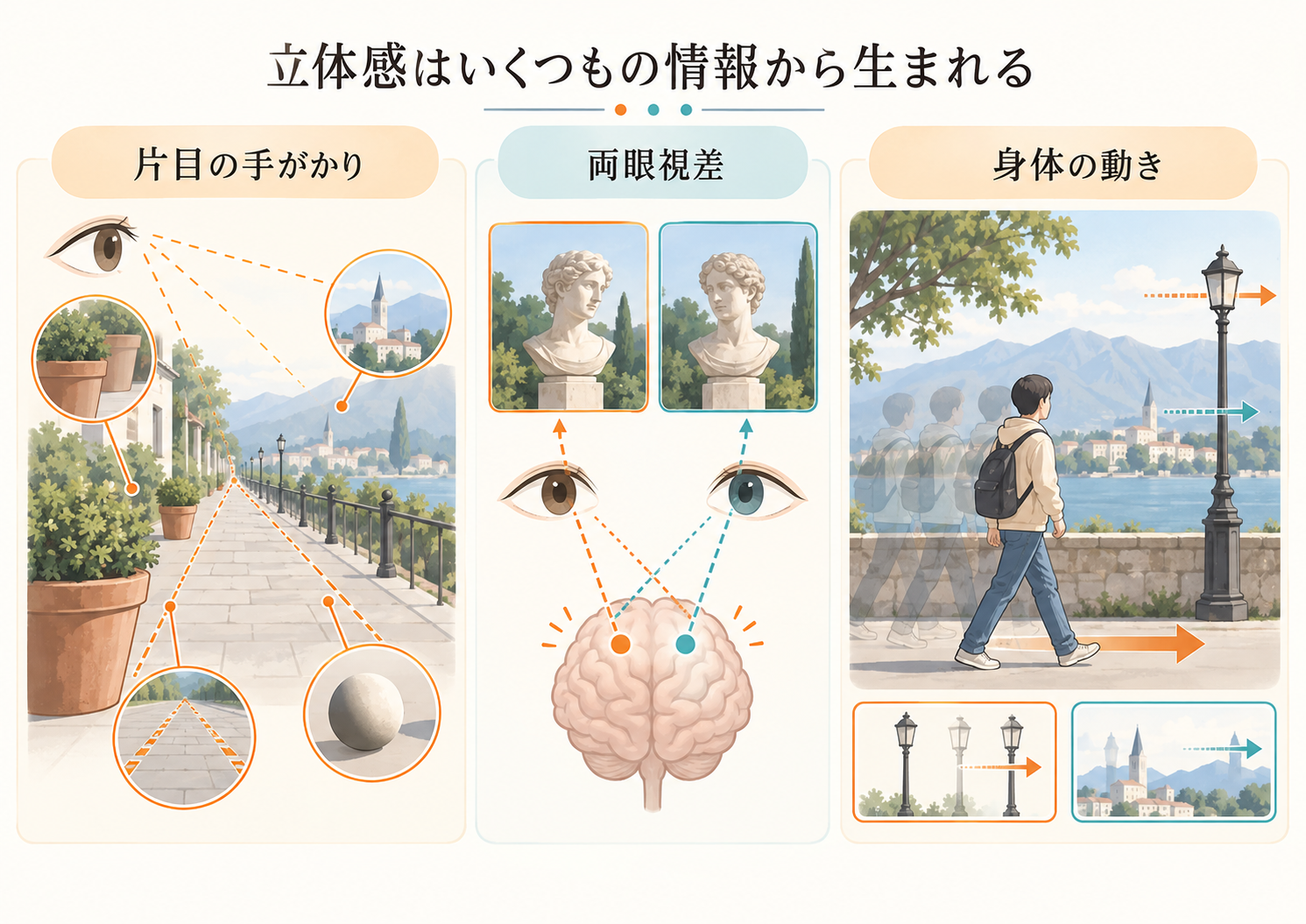 立体感はいくつもの情報から生まれることを示した図