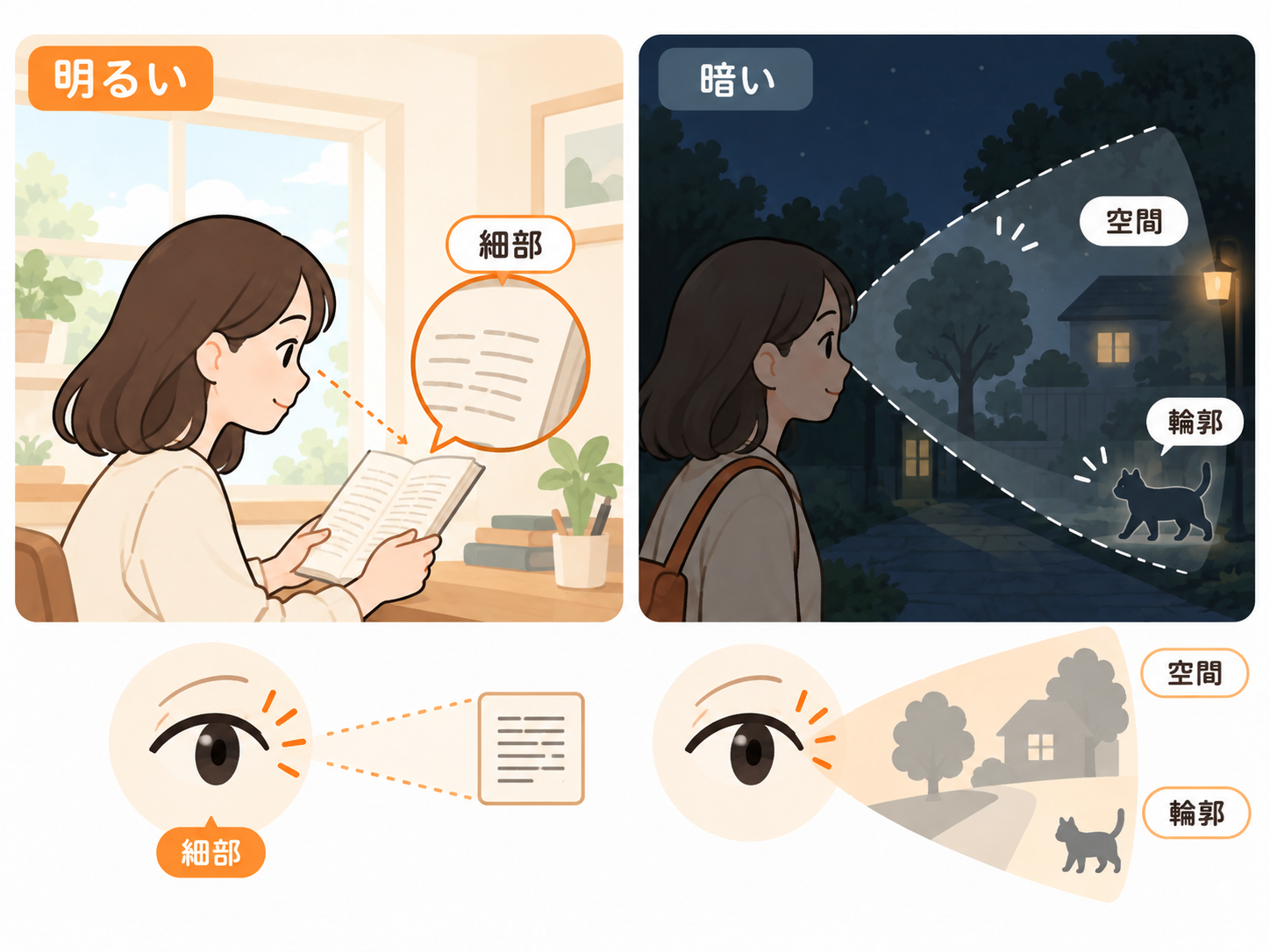 網膜の中心と周辺における錐体細胞と桿体細胞の違いを示した図