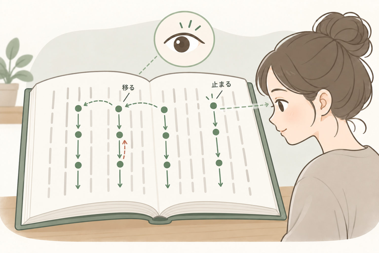 縦書きの文章を読むときに視線が上から下へ進み、次の列へ右から左に移動する様子