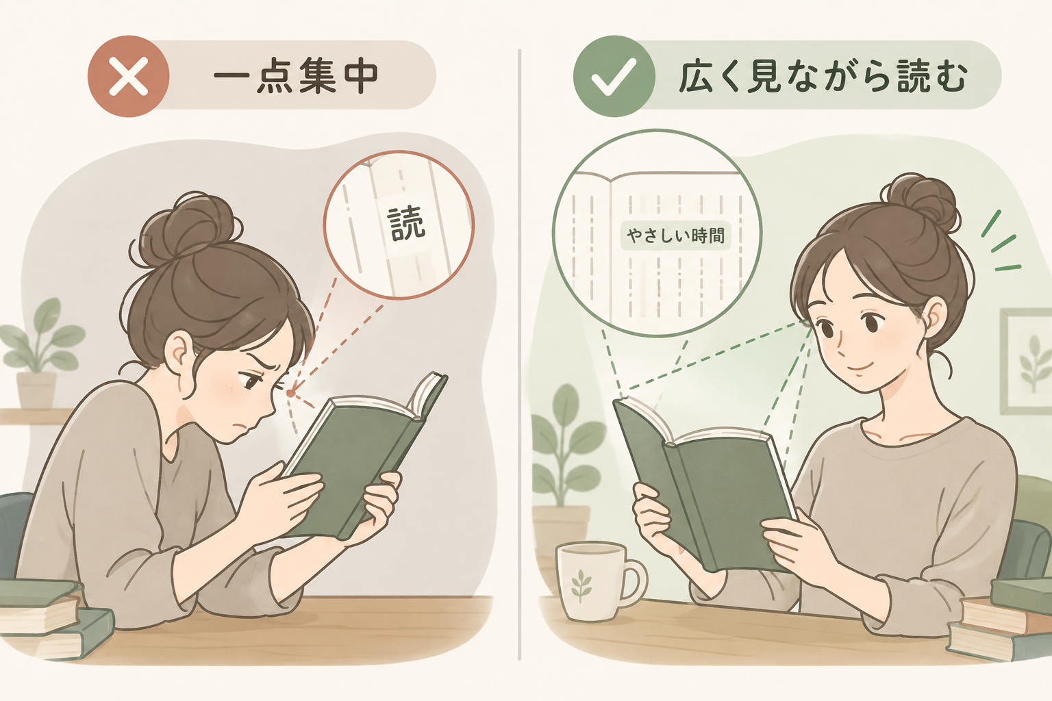 一文字に強く集中して読む場合と、ページ全体を視界に入れて読む場合を比較した図解