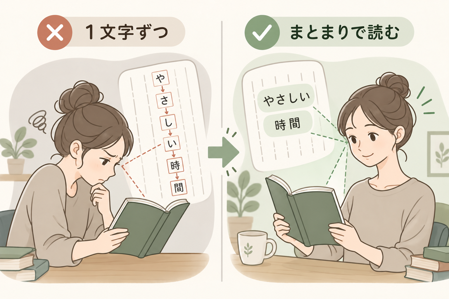 一文字ずつ追う読み方と、意味のまとまりとして文章を見る読み方を比較した図解