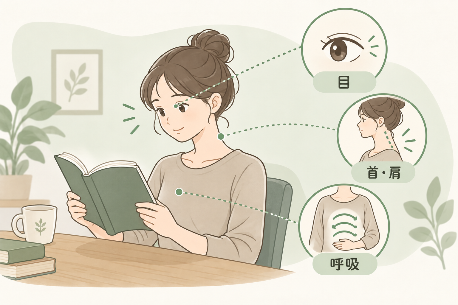 読書には目だけでなく首や肩、姿勢、呼吸も関係することを示した図解