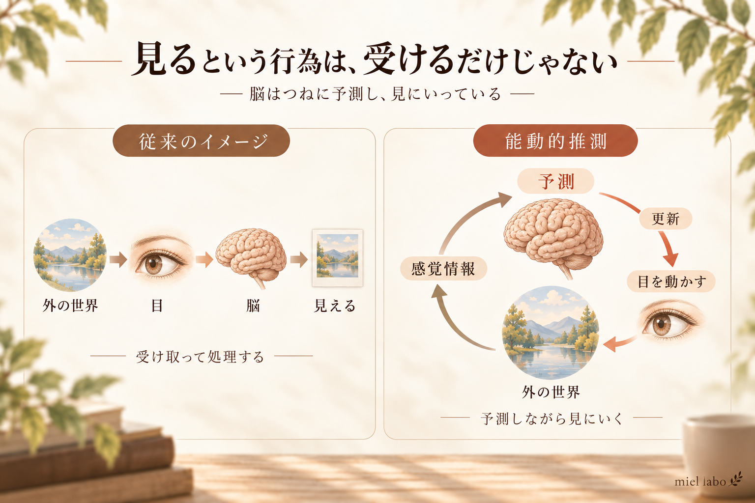 従来の視覚モデルと能動的推測の違いを示した図