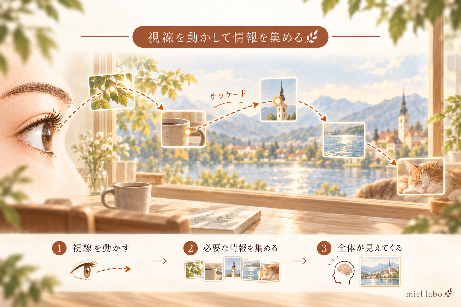 サッケードで視線を動かし情報を集める仕組みの図